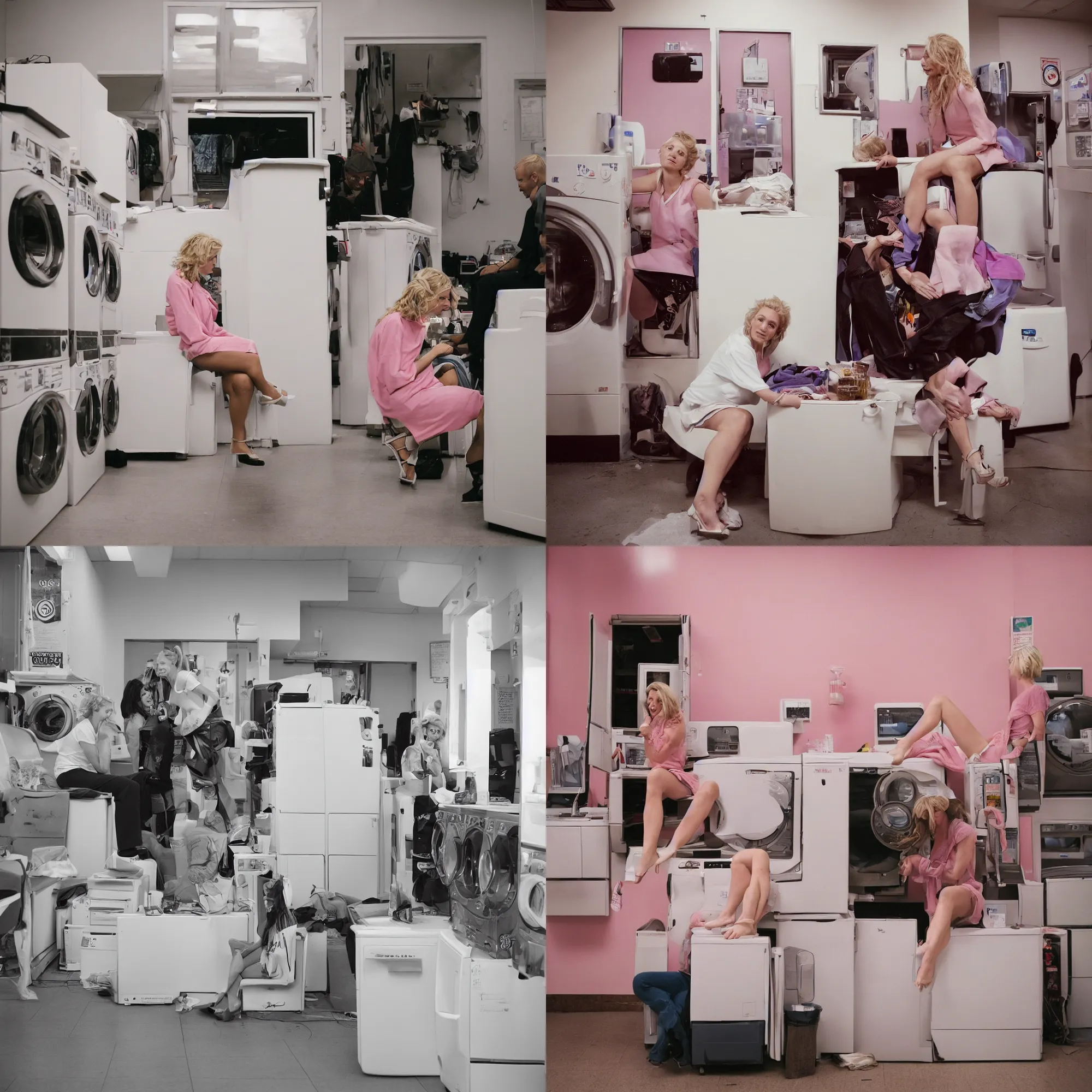 Prompt: full shot of a blonde white woman in her mid 20\'s sitting on a washing machine at a small laundromat. Her legs are hanging down. She is talking to her male friend who is standing in front of her. Pink sunset light shining from windows out of frame. Shot on film camera without flash. Kodak Portra 400