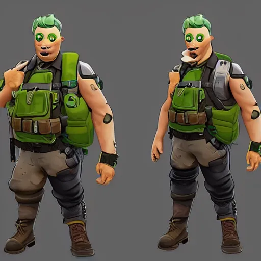 Image similar to anthropomorphic pickle man wearing bullet proof vest, ammo bandolier, tactical cargo pants, black military boots. fortnite character design