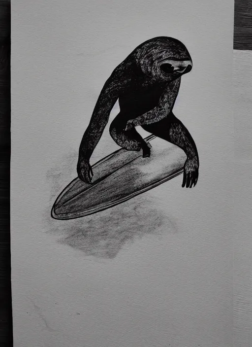 Image similar to black ink drawing of sloth riding surfboard