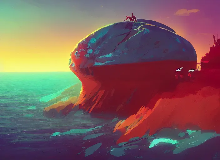 Image similar to a painting of a large rock in the middle of a body of water by anton fadeev and ilya kuvshinov, featured on artstation, fantasy art, artstation hq, artstation hd