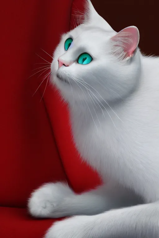 Image similar to a white cat with blue eyes wearing a red and green formal overcoat, hyperrealistic, concept art, octane render, unreal engine 5, realistic and defined face, profile picture, digital art, pixar and disney style, symmetrical, high quality, highly detailed, high coherence, path traced, house background, low contrast, beautiful