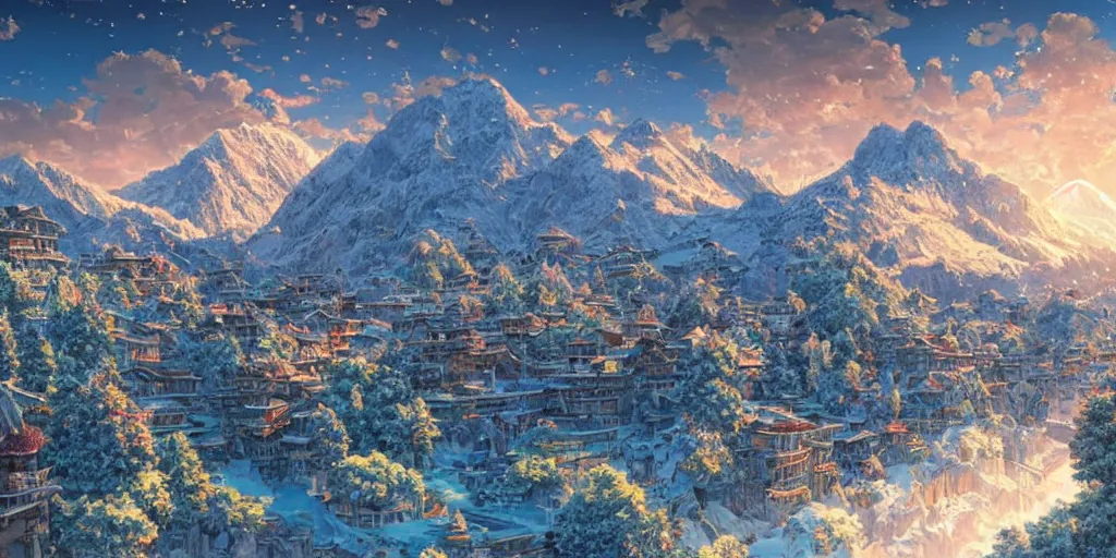 Image similar to the aesthetic view of the beautiful, grand, wistful, dreamy snowcapped mountain at dusk, hyperrealistic anime illustration by iralki nadar, colorful, extremely detailed, intricate linework, super sharp focus, bright colors, octopath traveler, studio ghibli, unreal engine 5 highly rendered, global illumination, radiant light, detailed and intricate environment