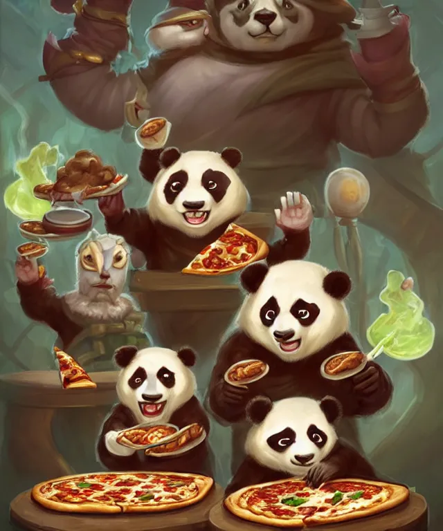 Image similar to a portrait of three anthropomorphic panda mages eating pizza and salad, wearing mage robes, restaurant in background, cute and adorable, dnd character art portrait, well rendered matte fantasy painting, deviantart artstation, by jason felix by steve argyle by tyler jacobson by peter mohrbacher, cinematic lighting