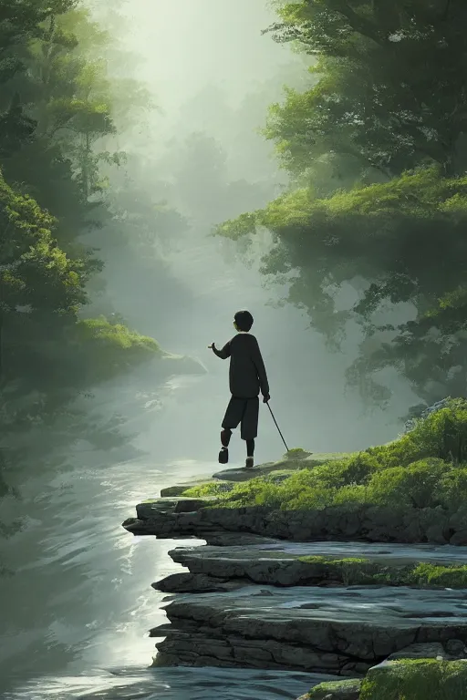 Prompt: a wholesome cottagecore illustration of a man walking on the backs of a river with his shadow flowing behind, studio Ghibli, Pixar and Disney animation, sharp, Rendered in Redshift and Unreal Engine 5 by Greg Rutkowski, Bloom, dramatic lighting