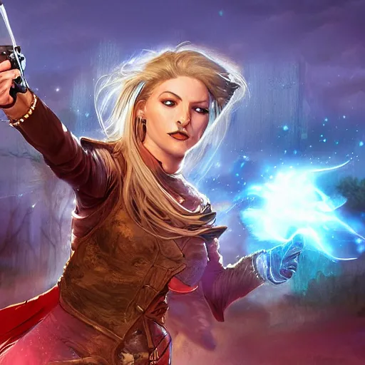 Image similar to Fantasy digital art for magic the gathering card, action shot of a wild west witch with a revolver firing out a red magical spell. Background has wild west scenery behind her at night.