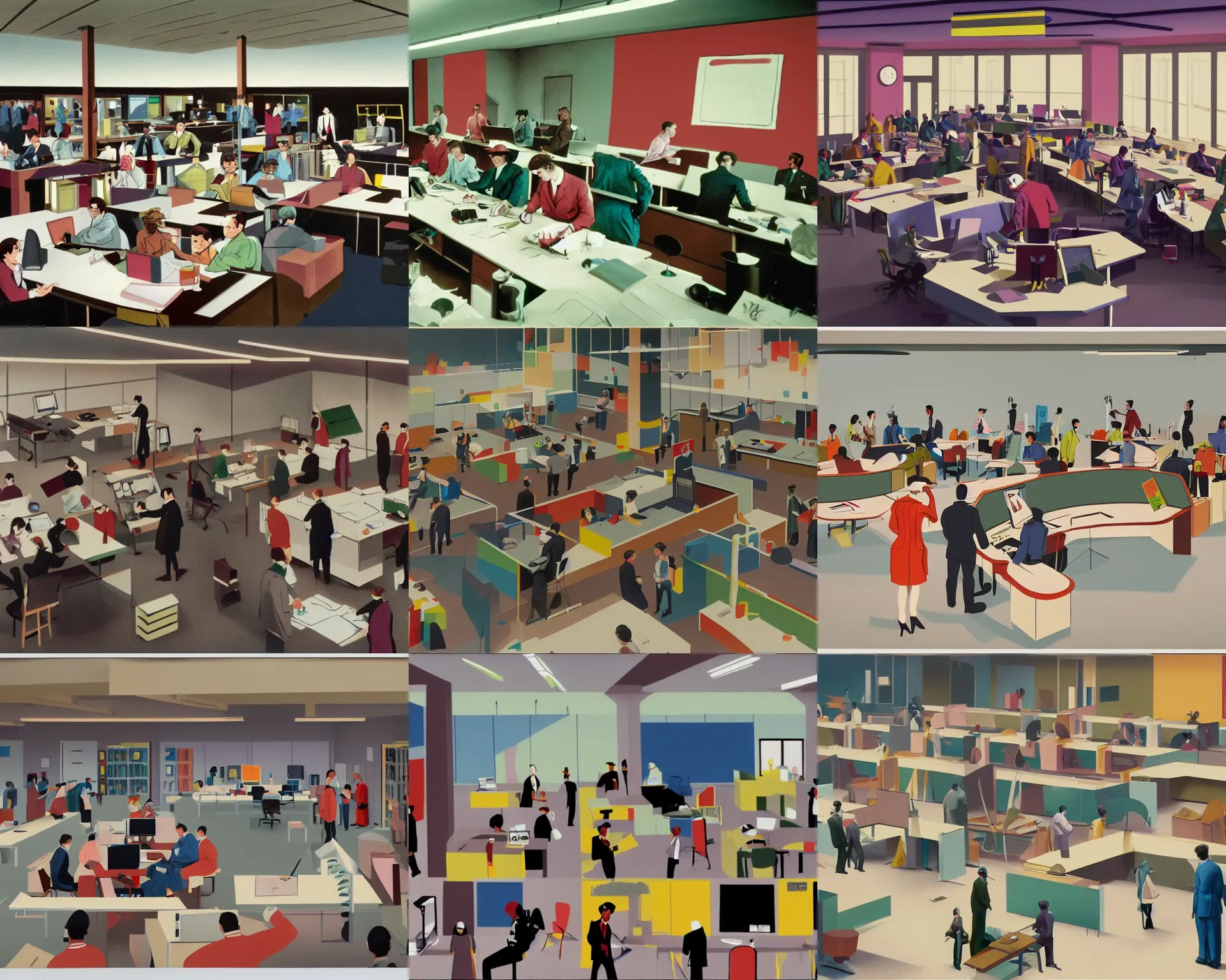 Prompt: a colourful brutal matte painting of start of work in interior of detective agency, people at work, monitors, whiteboards by Miro Vesterinen and Bruce Timm, 35mm, muted colors, few people