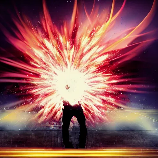 Image similar to man hitting the ground creating a explosion, anime, album cover, rain