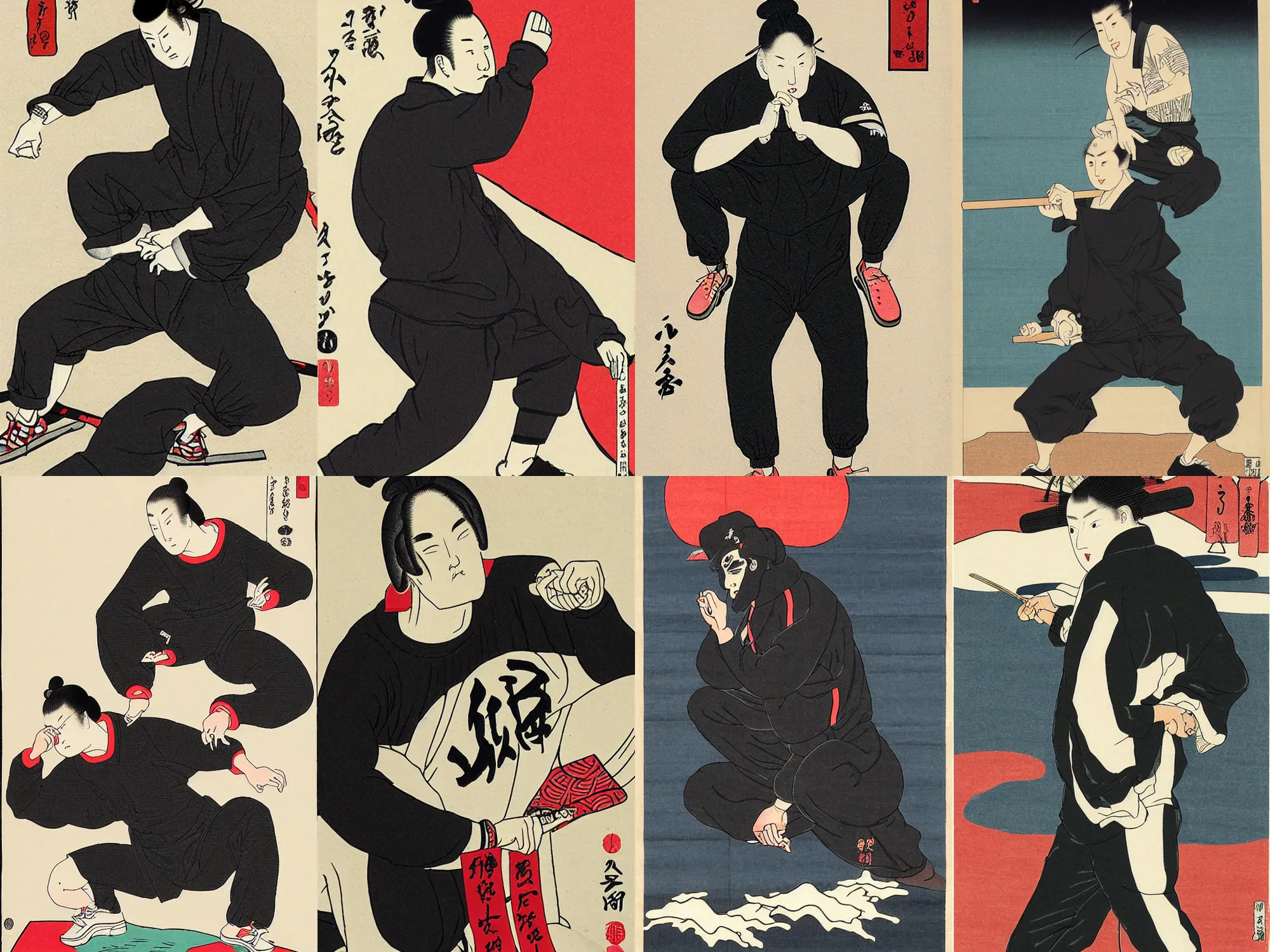 Prompt: Ukiyo-e art of squatting man in black Adidas tracksuit