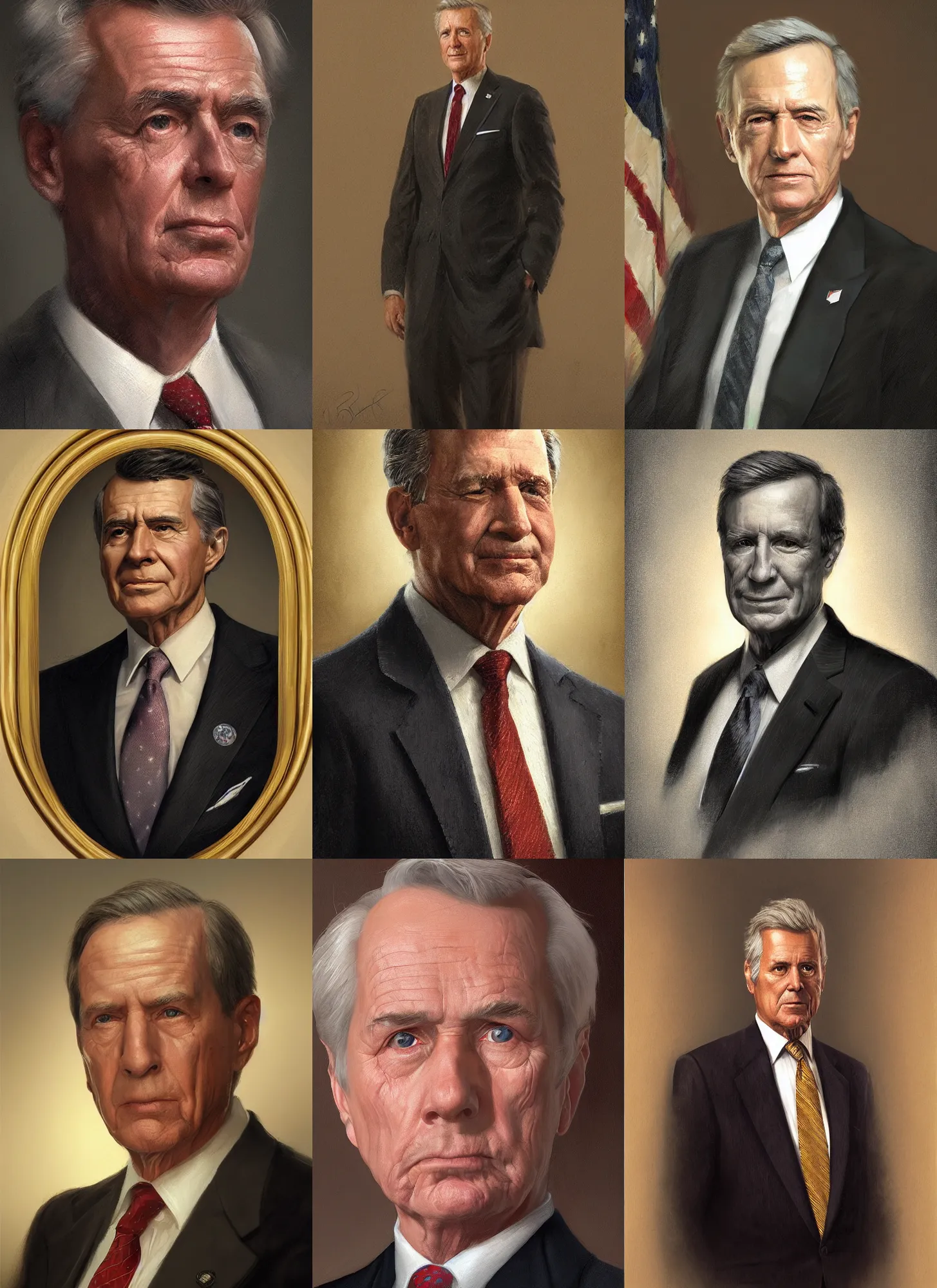 Prompt: portrait of a 1 9 8 2 united states president. male from massachusetts, detailed face, 2 0 th century, highly detailed, cinematic lighting, digital art painting by greg rutkowski