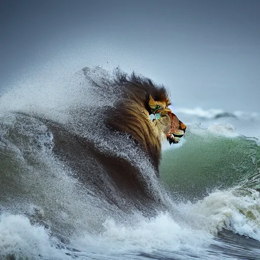 Image similar to a lion's face breaching through a wave, stormy weather