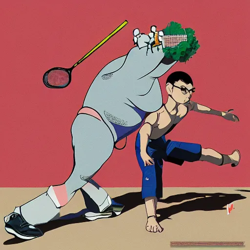 Prompt: illustration of hippo action figures playing badminton by ilya kuvshinov katsuhiro otomo