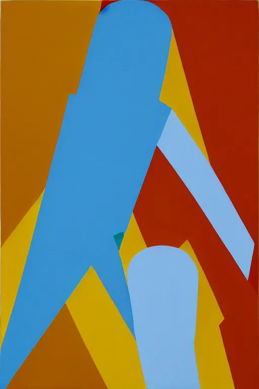 Image similar to neo cubistic painting of two tall figures, sandy yellow and some light blue, muted colors