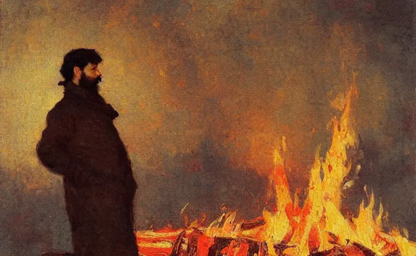 Image similar to high quality high detail painting by ilya repin, man standing in front of huge fire, hd