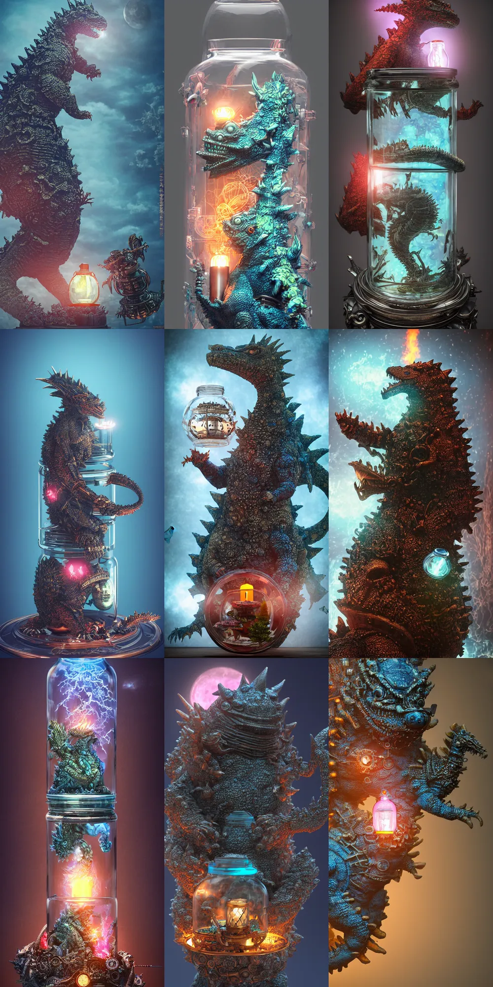 Prompt: steampunk godzilla inside a glass jar, blue and pink bonsai tree, intricate detail, hyper detailed, ultra realistic, sharp focus, octane render, lantern candle, butterfly, volumetric, ray tracing, artstation trending, moon, fairy cgsociety, sense of awe, swirling mist, 4 k