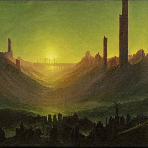 Image similar to minas morgul detailed oil on canvas in the style of Caspar david Friedrich,