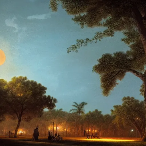 Prompt: matte painting of a park in yucatan mexico at night with a full moon, large ceiba trees, by asher brown durand and greg rutkowski, featured on artstation, blue and orange color scheme