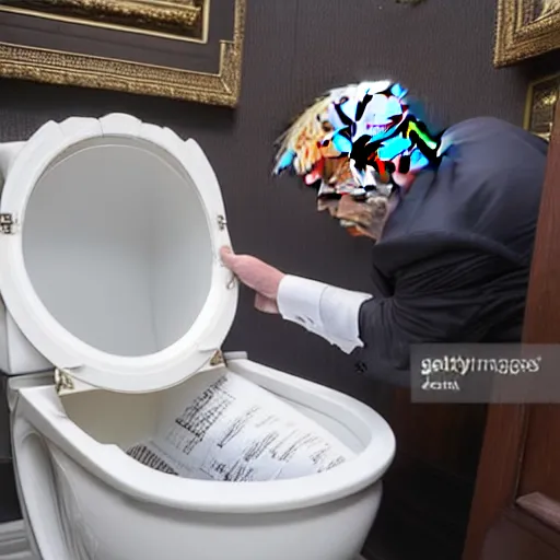 Prompt: donald trump putting peices of paper into an open toilet in the white house bathroom, 8 k photo