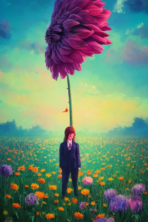 Image similar to closeup, giant flower head, girl in suit standing in a field of flowers, surreal photography, sunrise, blue sky, dramatic light, impressionist painting, digital painting, artstation, simon stalenhag