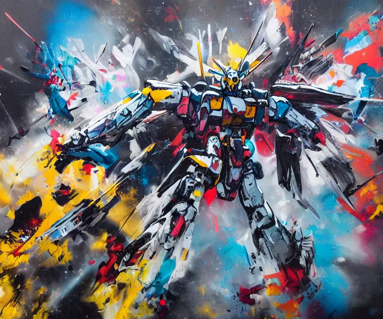 Prompt: acrylic and spraypaint action portrait of a giant gundam battling in space, explosions, graffiti wildstyle, large brush strokes, painting, paint drips, acrylic, clear shapes, spraypaint, smeared flowers, origami crane drawings, large triangular shapes, painting by ashley wood, totem 2, jeremy mann, masterpiece