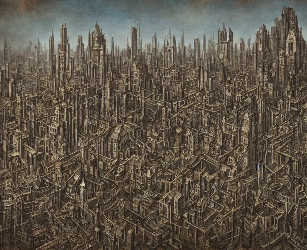 Prompt: a city of archologies in the style of Dystopian gothic surrealism painting
