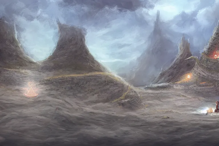 Image similar to a land outside of time and space with floating sands and flying beasts with a Fort in the middle and water tunnels below, a man standing watching over, digital painting, environment art