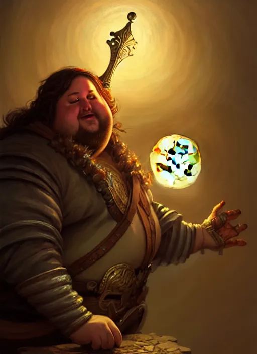 Prompt: fat male bard playing moon - lute, full body, hyper realistic, extremely detailed, dnd character art portrait, dark fantasy art, intricate fantasy painting, dramatic lighting, vivid colors, deviantart, artstation, by clyde caldwell and krenz cushart and artem demura and john williams waterhouse