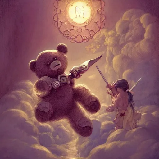 Prompt: a teddy bear pointing a sword at a monster above a child's bed, illustrated by miyazaki by karol bak, james jean, tom bagshaw, rococo, sharp focus, trending on artstation, cinematic lighting, hyper realism, octane render, 8 k, hyper detailed, vivid, ultra detailed, highly detailed