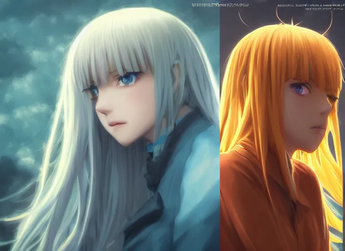 Image similar to profile shot of rimuru tempest playing chess, with amber eyes of golden colored eyes, straight hair, sky blue hair, long bangs, high collar, concept art, award winning photography, digital painting, cinematic, by wlop, anime key visual, wlop, 8 k, by ross tran, tom bagshaw, andy warhol