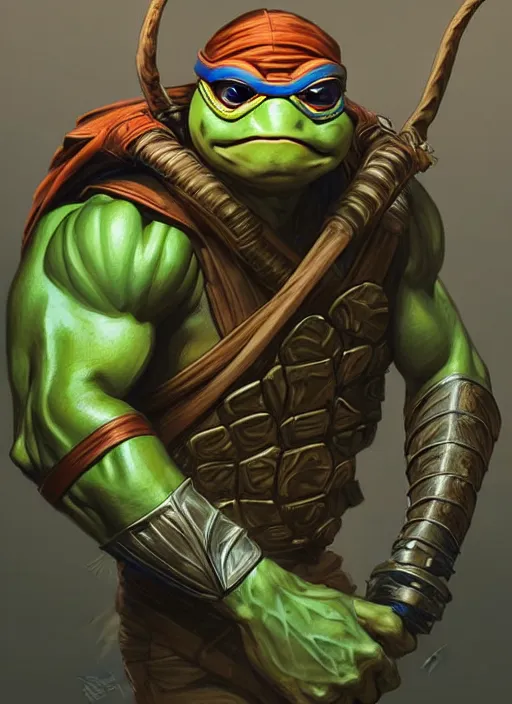 prompthunt: leonardo from teenage mutant ninja turtle, turtle shell!!!,  intricate, highly detailed, green skin!, digital painting, artstation,  concept art, smooth, sharp focus, illustration