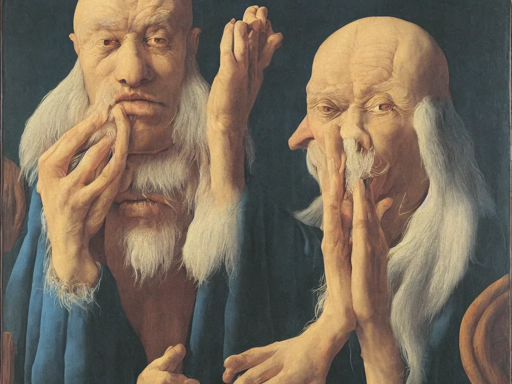 Prompt: Portrait of albino mystic with blue eyes, in the nasal cavity of an old man. Painting by Jan van Eyck, Audubon, Rene Magritte, Agnes Pelton, Max Ernst, Walton Ford