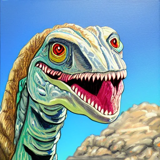 Image similar to dwayne the rock as a velociraptor dinosaur in miami, portrait painting