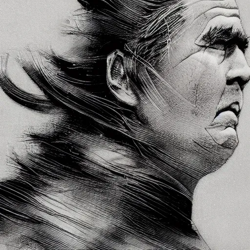 Image similar to Yoshitaka Amano realistic illustration of jeb bush ,hair fluttering in the wind, cracks on his face wearing Elden ring armour with engraving, abstract black and white patterns on the background, noisy film grain effect, highly detailed, Renaissance oil painting, weird portrait angle, blurred lost edges, three quarter view