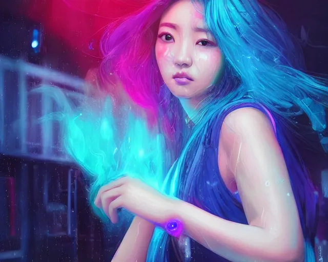 Prompt: a digital painting of park shin hye in the rain with blue hair, cute - fine - face, pretty face, cyberpunk art by sim sa - jeong, cgsociety, synchromism, detailed painting, glowing neon, digital illustration, perfect face, extremely fine details, realistic shaded lighting, dynamic colorful background