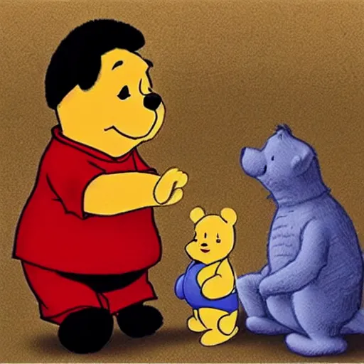 Prompt: Xi Jinping as Winnie the Pooh, artwork by Rafal Olbinski + E. H. Shepard