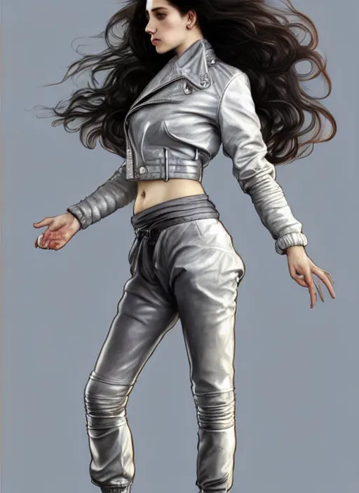 Image similar to girl in very short white! top and very short gray! leather jacket, open belly, long dark curly hair, high waist sweatpants, intricate, elegant, highly detailed, digital painting, artstation, concept art, smooth, illustration, art by artgerm and greg rutkowski and alphonse mucha