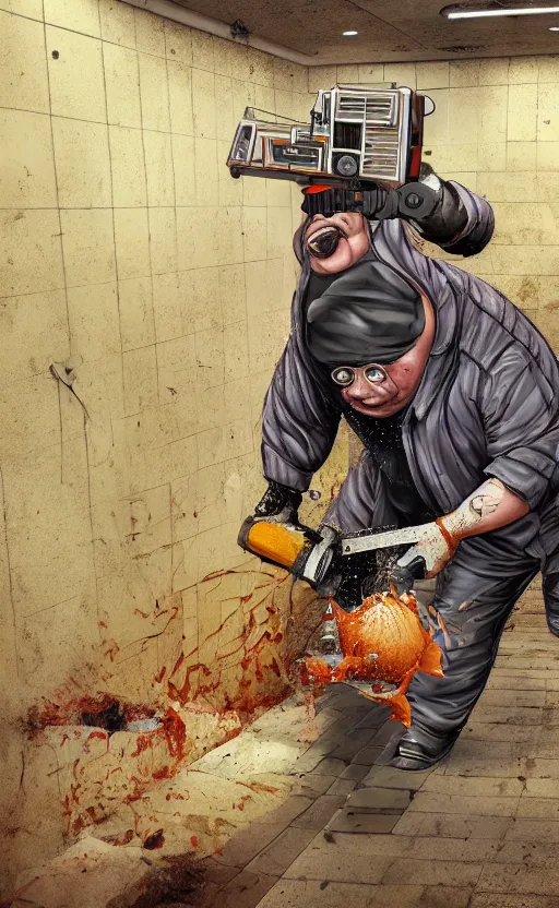 Prompt: fat pig with a human height with a chainsaw in the subway, photo, photorealistic, detailed, 8 k, hdr, high quality, high resolution, lossless quality, lossless, 4 k, 1 6 k