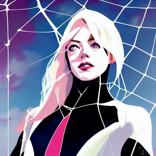 Image similar to Joshua Middleton comic cover art, cinematics lighting, pretty Emma Stone as Spider Gwen symmetrical face, Marvel comics, hanging from white web, playful smirk, city in background