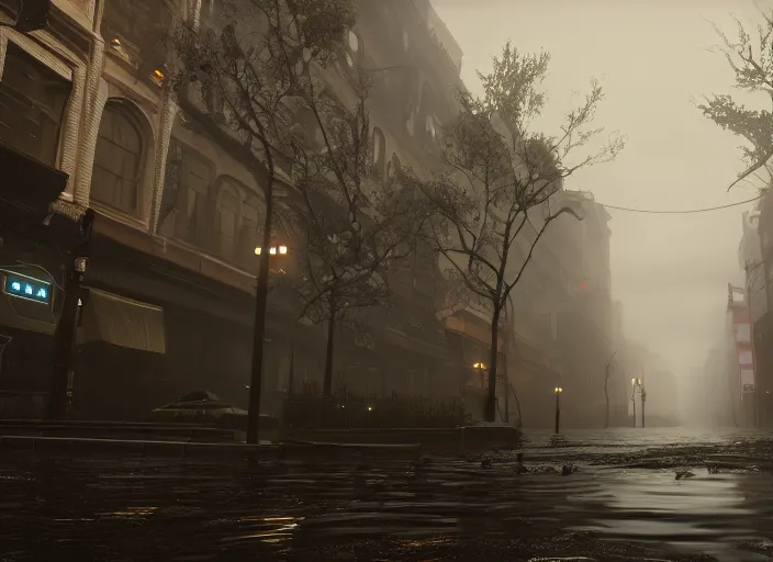 Prompt: dark, misy, foggy, flooded new york city street in Destiny 2, liminal creepy, dark, dystopian, highly detailed 4k in-game screenshot leak datamine from reddit