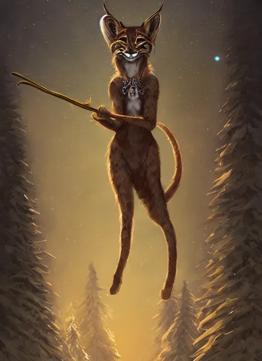 Prompt: anthropomorphic lynx holding a golden intricately decorated shiny scepter, night, spruce trees on the sides, mountains in the background, eerie dark atmosphere, moonlit, back light, fantasy art by charlie bowater and yoshitaka amano, trending on artstation