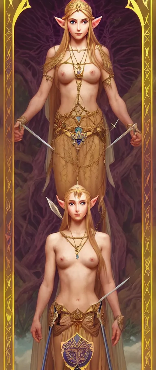 Image similar to perfectly detailed princess zelda esoteric tarot card!! blessed by nature with ever - increasing physical mental perfection, symmetrical! intricate, sensual features, highly detailed, biblical divine holy perfection!! digital painting, artstation, concept art, smooth, sharp focus, illustration, art by artgerm and greg rutkowski and alphonse mucha