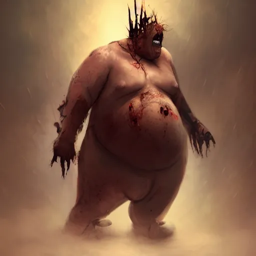 Prompt: angry extremely fat obese giant zombie woman, full body portrait, with clothese, horror core, apocalyptic, feeling of grimdark, sharp focus, fiction, hyper detailed, digital art, trending in artstation, cinematic lighting, studio quality, smooth render, unreal engine 5 rendered, octane rendered, art style and nixeu and wlop and krenz cushart