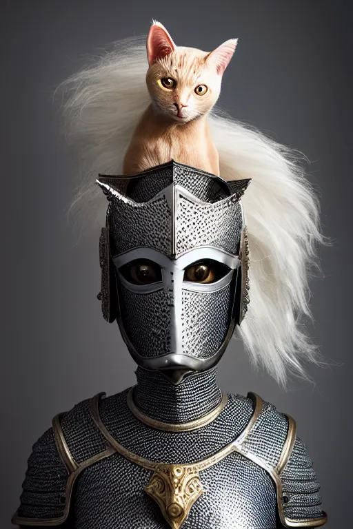 Image similar to female knight wearing a real cat on her head, armor designed by wayne barlowe, swarovski and tiffany, blonde hair, symmetry, sci - fi, cinematic, elegant, luxury, perfect light, perfect composition, dlsr photography, sharp focus, dark fantasy, 8 k, ultra hd, sense of awe, highly detailed, realistic, intricate