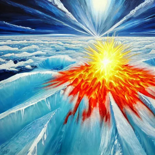 Prompt: beautiful painting of an ice floe meeting magma in the middle, textured, skewed perspective