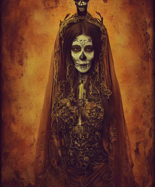 Image similar to tintype virgin mary in dia de muertos dress and make up, horrific beautiful vibe, evocative, atmospheric lighting, painted, intricate, highly detailed, leesha hannigan, wayne haag, reyna rochin, ignacio fernandez rios, mark ryden, iris van herpen, artstation, cgsociety