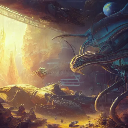 Prompt: flea market in another galaxy, fantastic plot, alien creatures, beautiful fantasy detailed trending on artstation, oil painting, dramatic lighting, eterea, high quality print, fine art with subtle redshift rendering