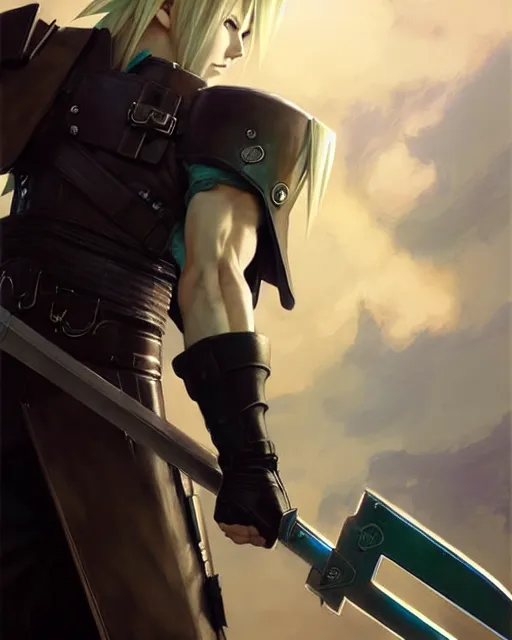 Prompt: cloud strife at starbucks, fantasy character portrait, ultra realistic, anime key visual, full body concept art, intricate details, highly detailed by greg rutkowski, ilya kuvshinov, gaston bussiere, craig mullins, simon bisley