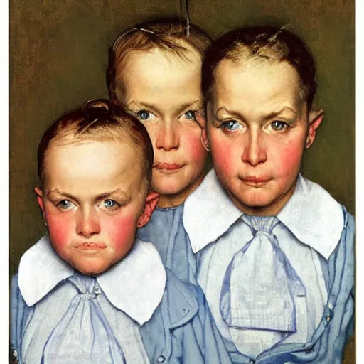 Prompt: Frontal portrait of adult triplets with ice blue eyes. Painting by Norman Rockwell.