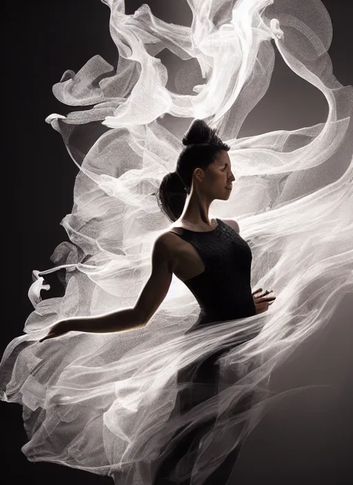 Image similar to a Photorealistic dramatic hyperrealistic render of a beautiful Female smoke dancer by Ken Brower and Deborah Ory of NYC Dance project,Lois Greenfield,Flowing cloth and smoke,Beautiful dynamic dramatic dark moody lighting,volumetric,shadows,cinematic atmosphere,Octane render,8K