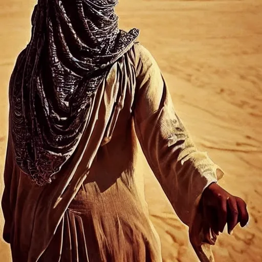 Image similar to beautiful burqa's woman, ride horse in saharan, dress like taliban, sharf eyes, white skin, riffle on chest, dust, cinematic, dynamic pose, pinterest