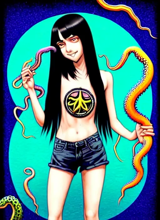 Image similar to richly detailed colored pencil 3D illustration of a beautiful woman with silky straight black hair with iridescence wearing a Nirvana band Tshirt and short black shorts, she staring at the camera happily while being surrounded by slimy tentacles, art by Range Murata and Artgerm.